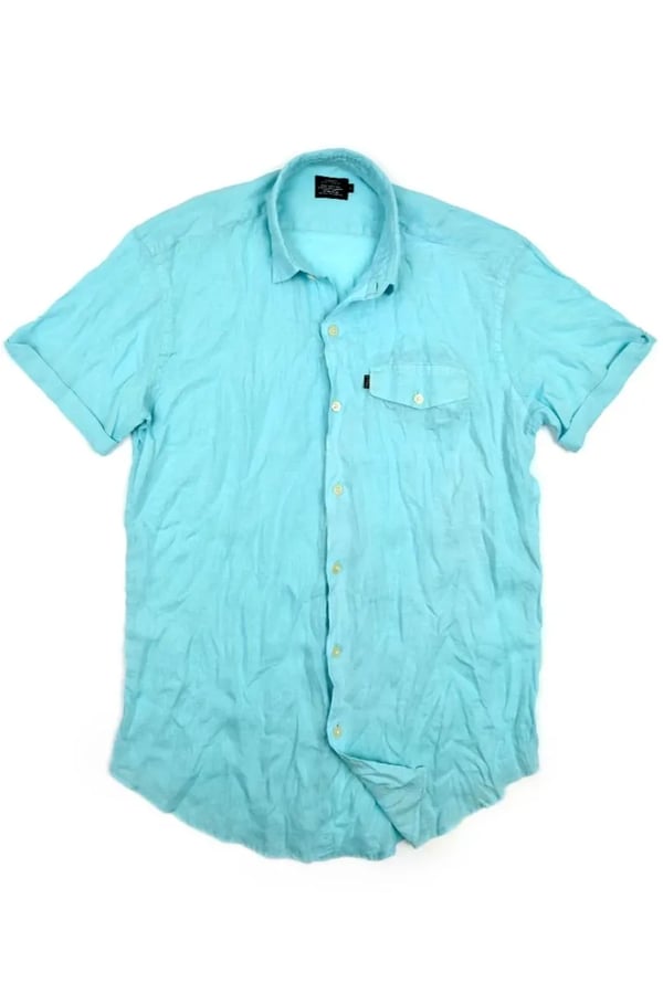 CAMISA DE LINHO MANGA CURTA AZUL TURQUESA