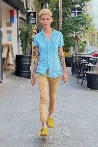CAMISA DE LINHO MANGA CURTA AZUL TURQUESA