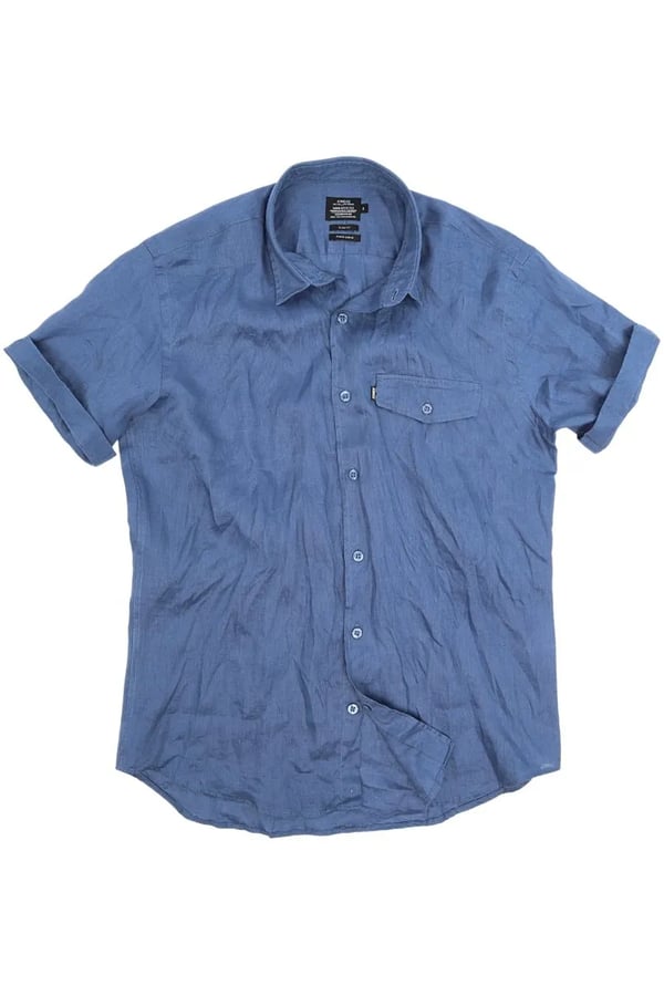 CAMISA EM LINHO MANGA CURTA AZUL CARBONO ONE POCKET